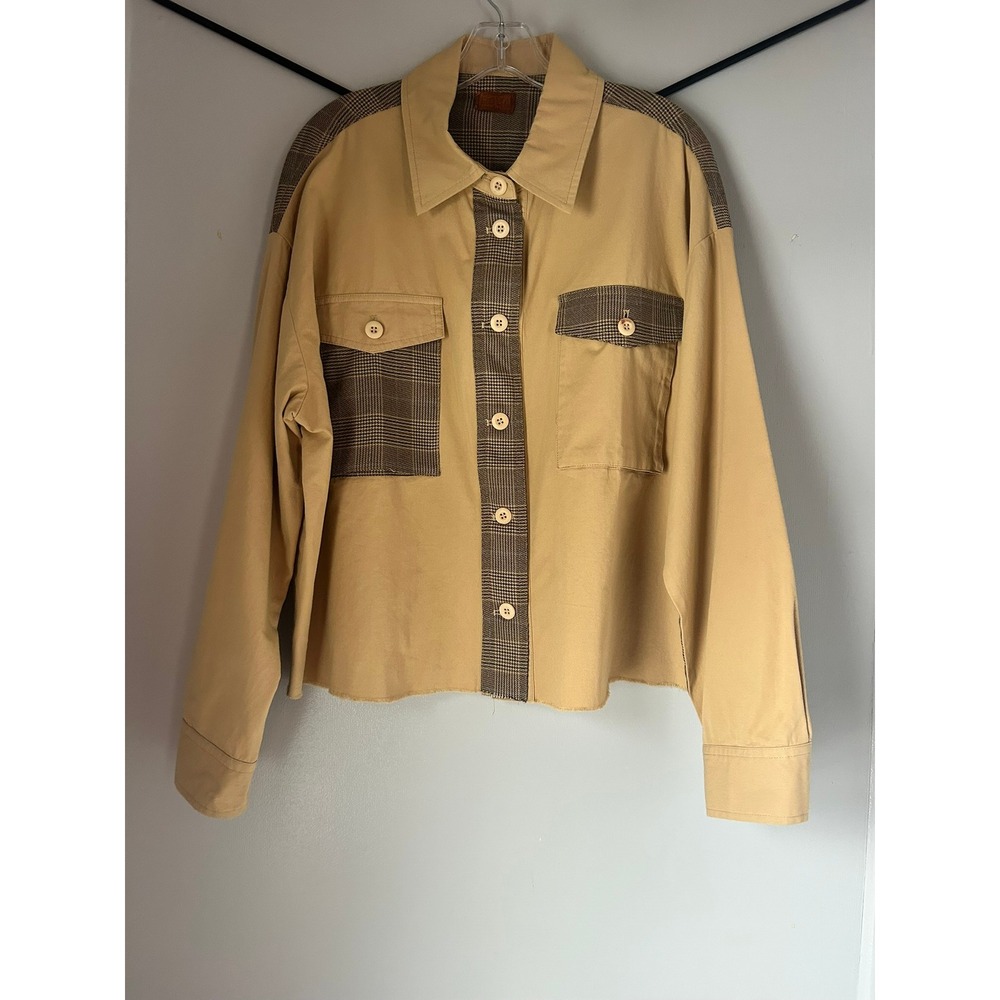 POL Tan Plaid Colorblock Cropped Shacket Mixed Media Button Front Jacket Small